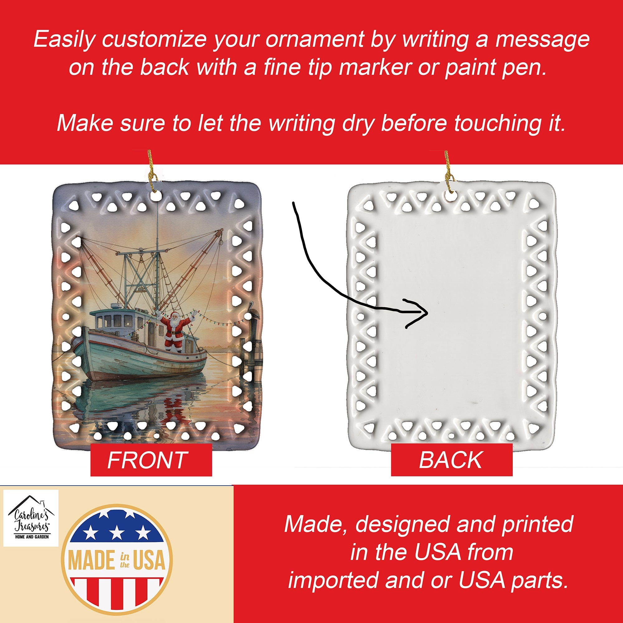 Cajun Santa Claus Decorating a Shrimp Boat Christmas Porcelain Ornament Christmas Tree Hanging Decorations for Home Christmas Holiday, Rectangle, Gift, Multicolor