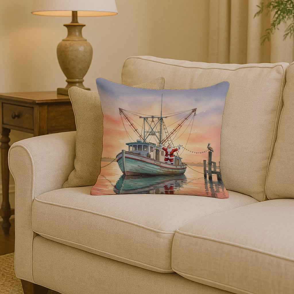 Cajun Santa Claus Decorating a Shrimp Boat Christmas Decorative Throw Pillow 14x14 Indoor Outdoor Accent Cushion, Fabric Cover with Insert for Sofa, Bed, Porch & Living Room