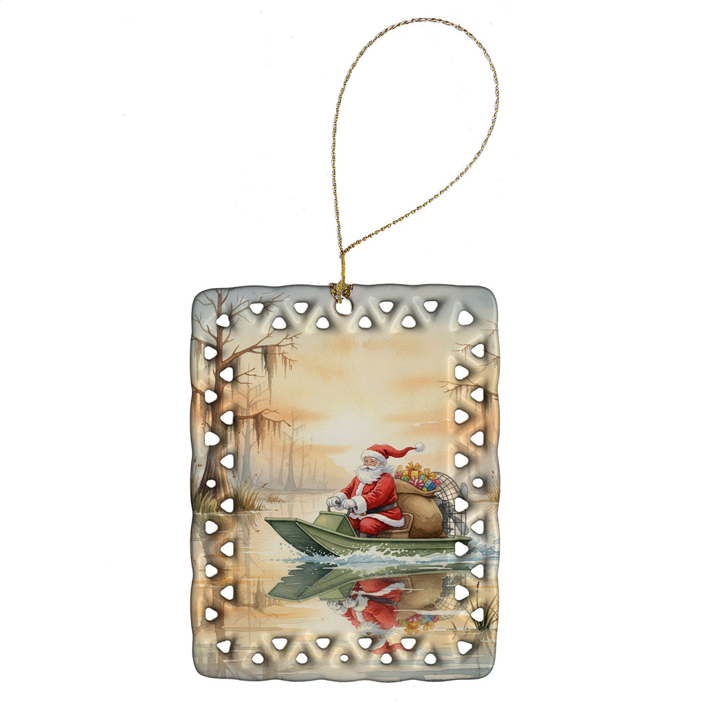 Cajun Santa Claus Delivering Gifts by Airboat Christmas Porcelain Ornament Christmas Tree Hanging Decorations for Home Christmas Holiday, Rectangle, Gift, Multicolor