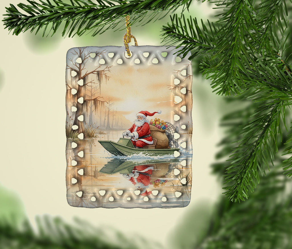 Cajun Santa Claus Delivering Gifts by Airboat Christmas Porcelain Ornament Christmas Tree Hanging Decorations for Home Christmas Holiday, Rectangle, Gift, Multicolor