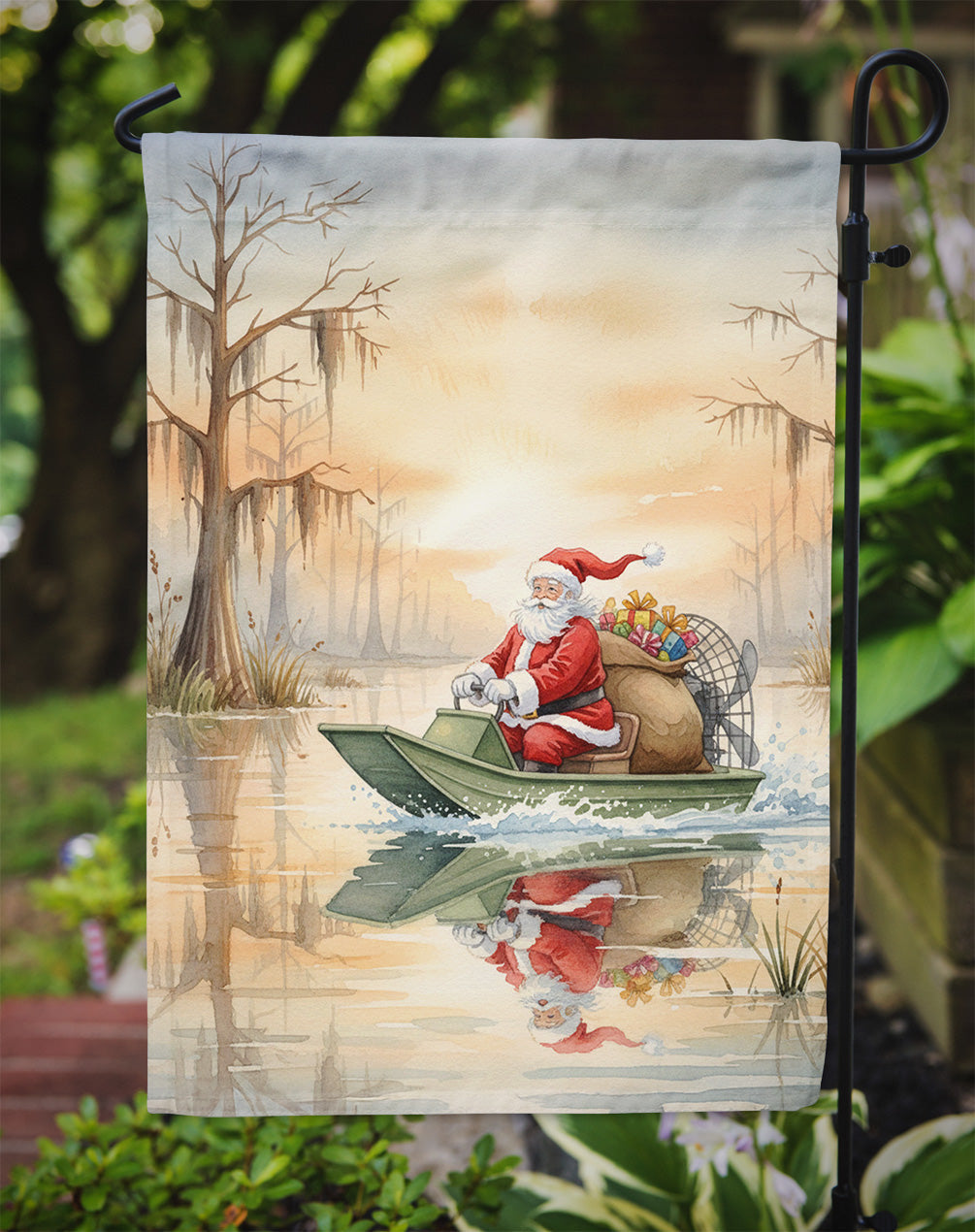 Cajun Santa Claus Delivering Gifts by Airboat Christmas Garden Flag Mailbox Decorative Yard Banner Outside Patio Artwork for Flower Beds, Garden Size, Multicolor