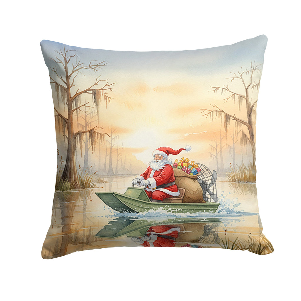Cajun Santa Claus Delivering Gifts by Airboat Christmas Decorative Throw Pillow 14x14 Indoor Outdoor Accent Cushion, Fabric Cover with Insert for Sofa, Bed, Porch & Living Room