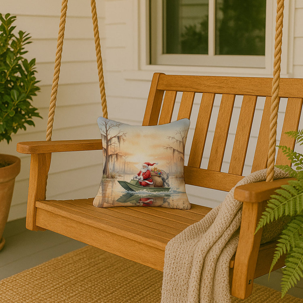 Cajun Santa Claus Delivering Gifts by Airboat Christmas Decorative Throw Pillow 14x14 Indoor Outdoor Accent Cushion, Fabric Cover with Insert for Sofa, Bed, Porch & Living Room