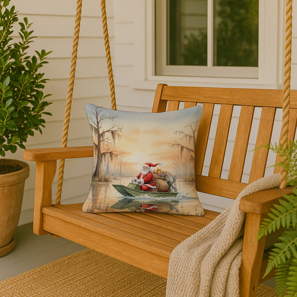 Cajun Santa Claus Delivering Gifts by Airboat Christmas Decorative Throw Pillow 18x18 Indoor Outdoor Accent Cushion, Fabric Cover with Insert for Sofa, Bed, Porch & Living Room