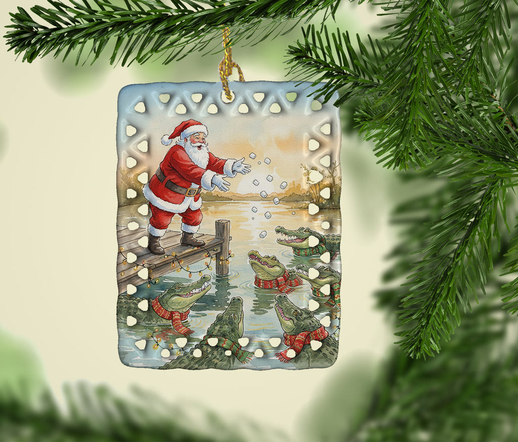 Cajun Santa Claus Feeding the Gators Christmas Porcelain Ornament Christmas Tree Hanging Decorations for Home Christmas Holiday, Rectangle, Gift, Multicolor