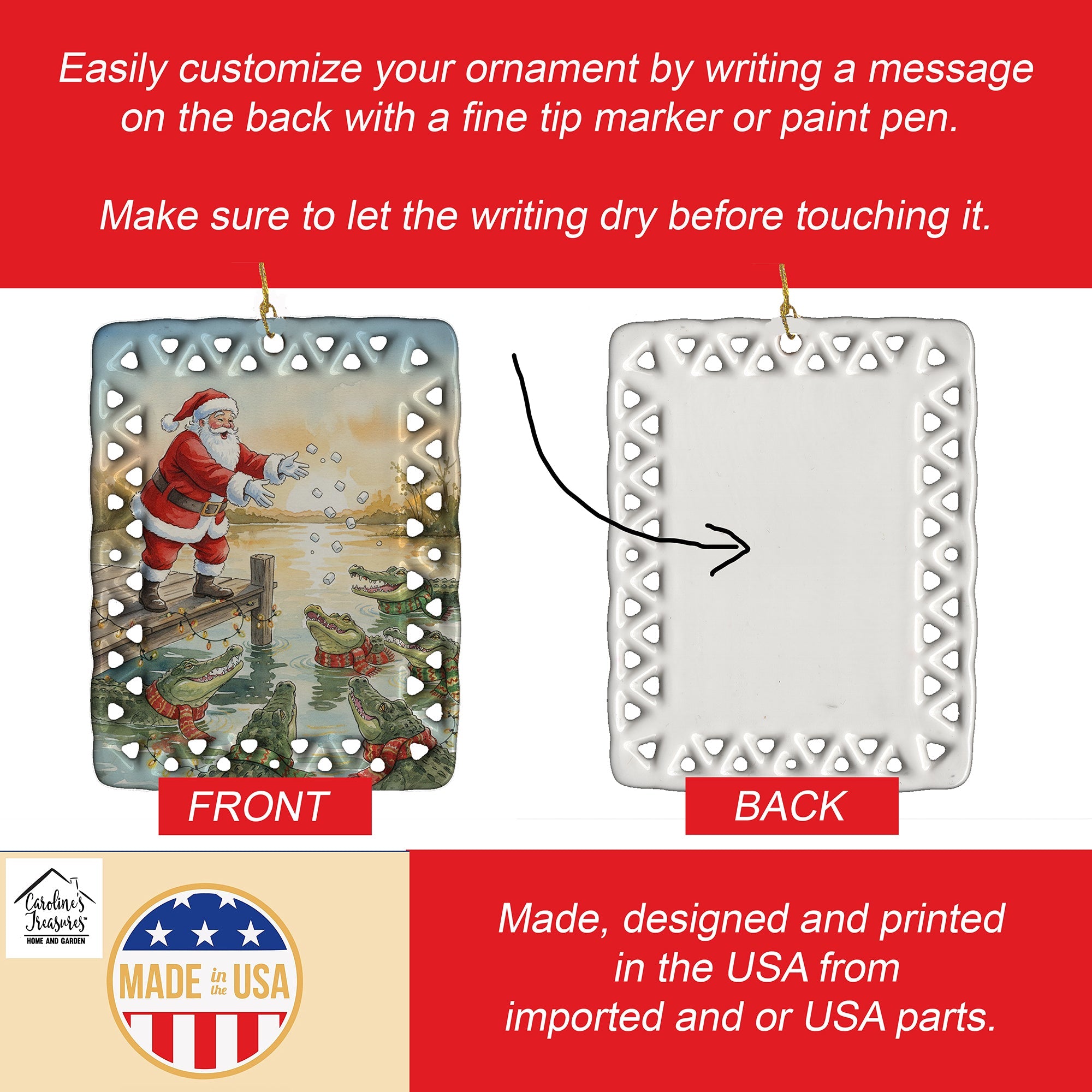 Cajun Santa Claus Feeding the Gators Christmas Porcelain Ornament Christmas Tree Hanging Decorations for Home Christmas Holiday, Rectangle, Gift, Multicolor