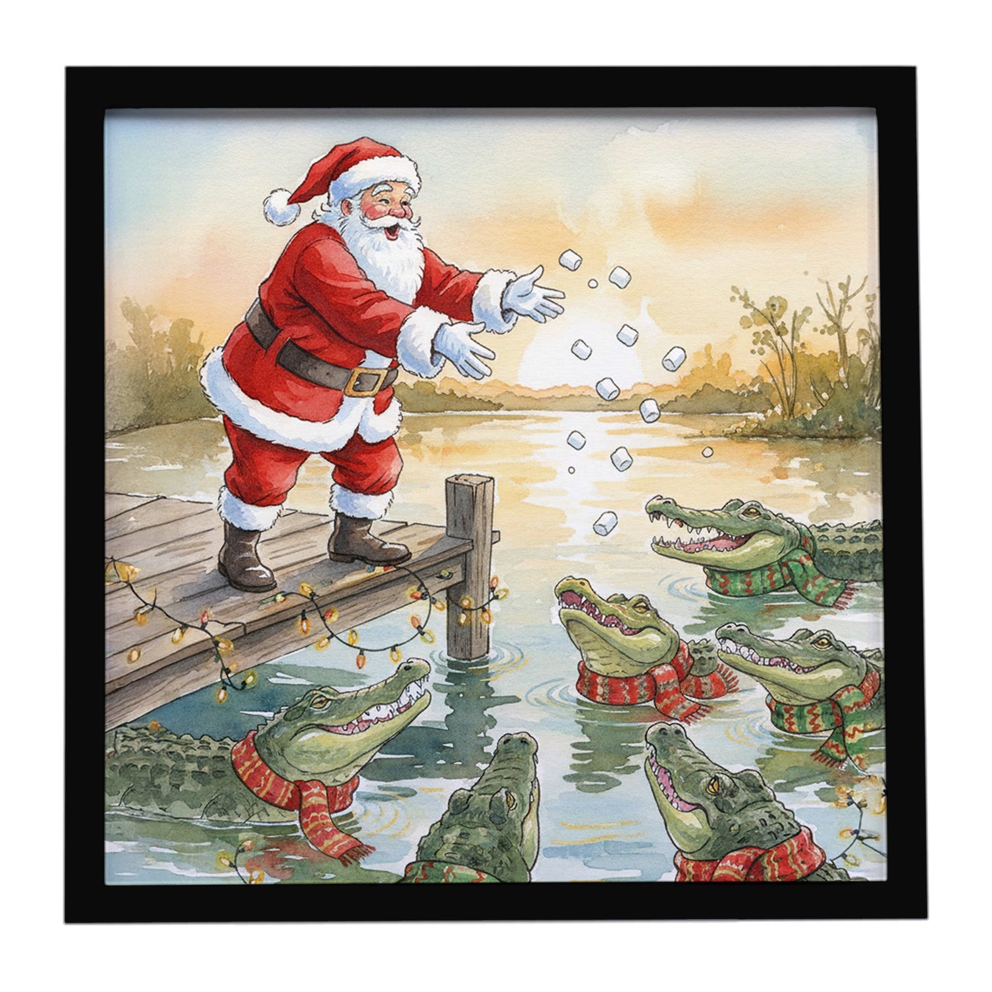 Cajun Santa Claus Feeding the Gators Christmas Framed Metal Print Bathroom, Kitchen, Office, Home Decor Wall Art Ready to Hang, Square, 8X8