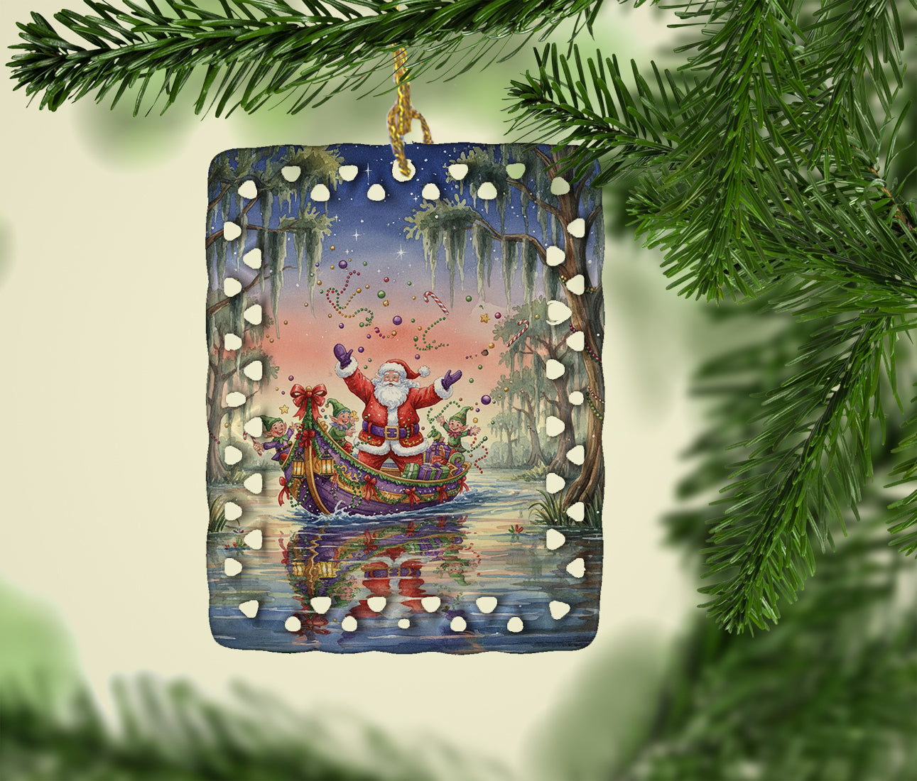 Cajun Santa Claus in the Bayou Christmas Parade Christmas Porcelain Ornament Christmas Tree Hanging Decorations for Home Christmas Holiday, Rectangle, Gift, Multicolor