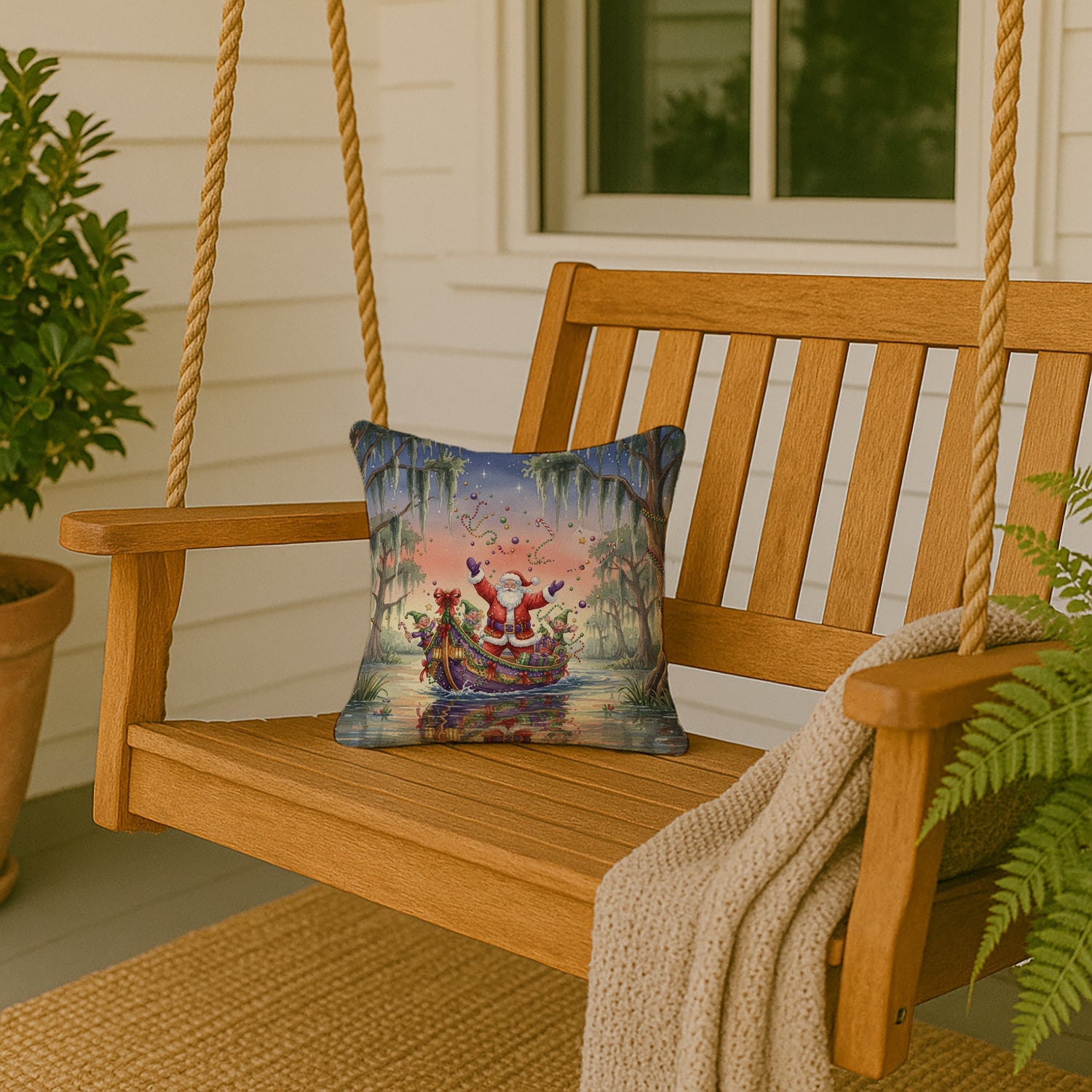Cajun Santa Claus in the Bayou Christmas Parade Christmas Decorative Throw Pillow 14x14 Indoor Outdoor Accent Cushion, Fabric Cover with Insert for Sofa, Bed, Porch & Living Room