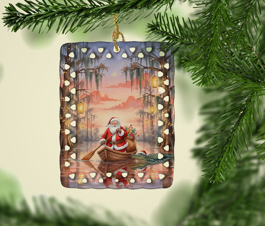 Cajun Santa Claus in the Pirogue Christmas Porcelain Ornament Christmas Tree Hanging Decorations for Home Christmas Holiday, Rectangle, Gift, Multicolor
