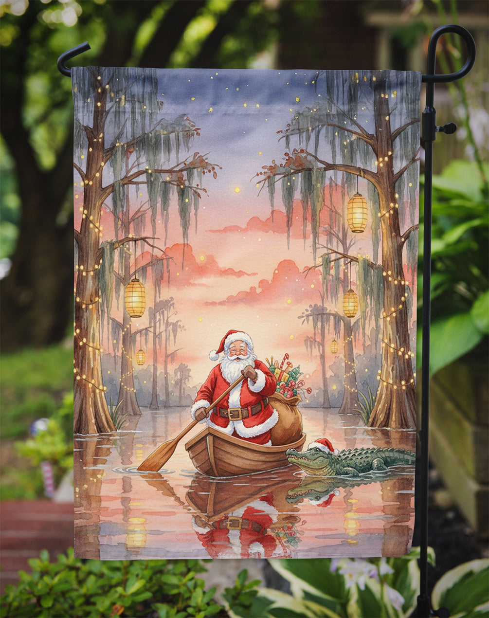 Cajun Santa Claus in the Pirogue Christmas Garden Flag Mailbox Decorative Yard Banner Outside Patio Artwork for Flower Beds, Garden Size, Multicolor