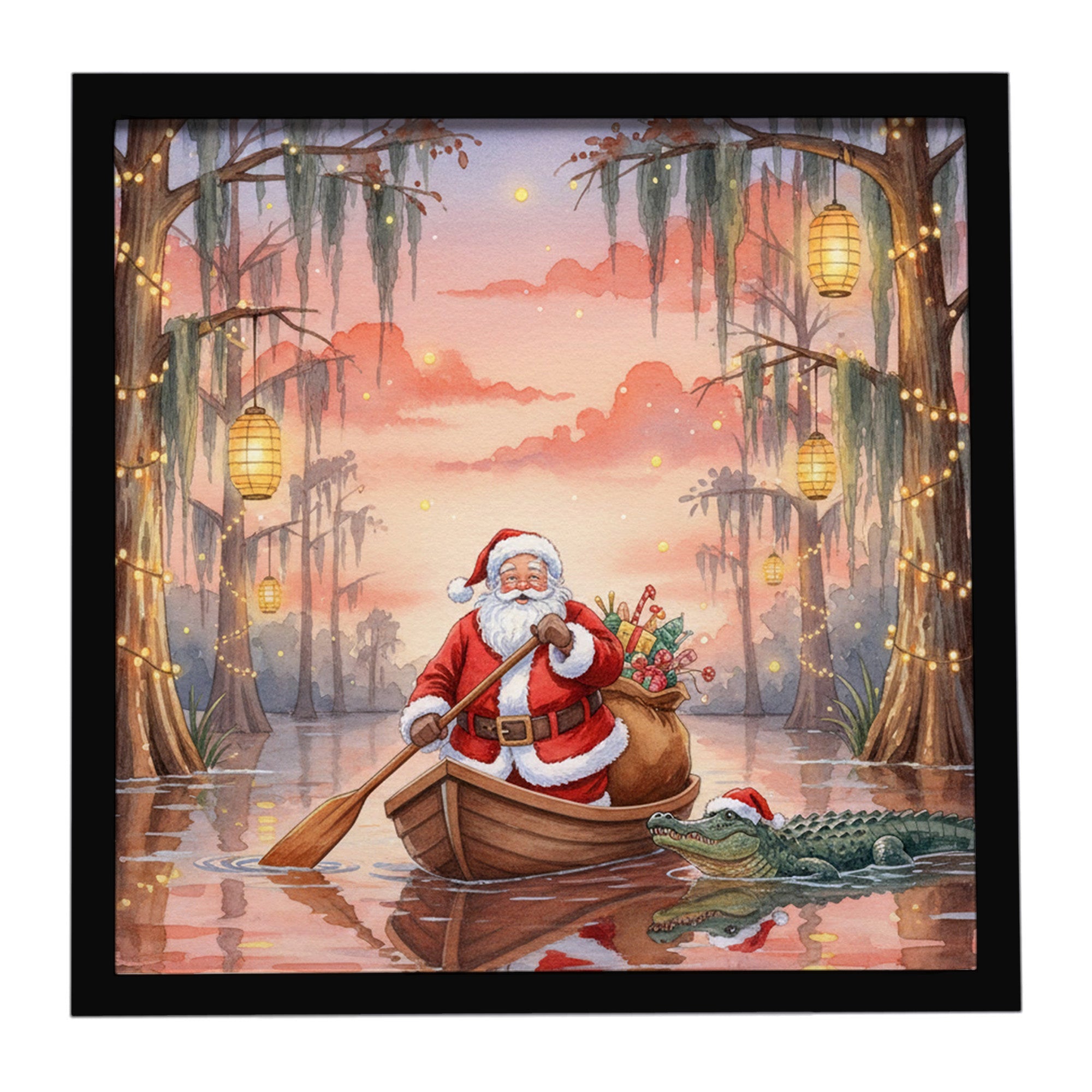 Cajun Santa Claus in the Pirogue Christmas Framed Metal Print Bathroom, Kitchen, Office, Home Decor Wall Art Ready to Hang, Square, 8X8