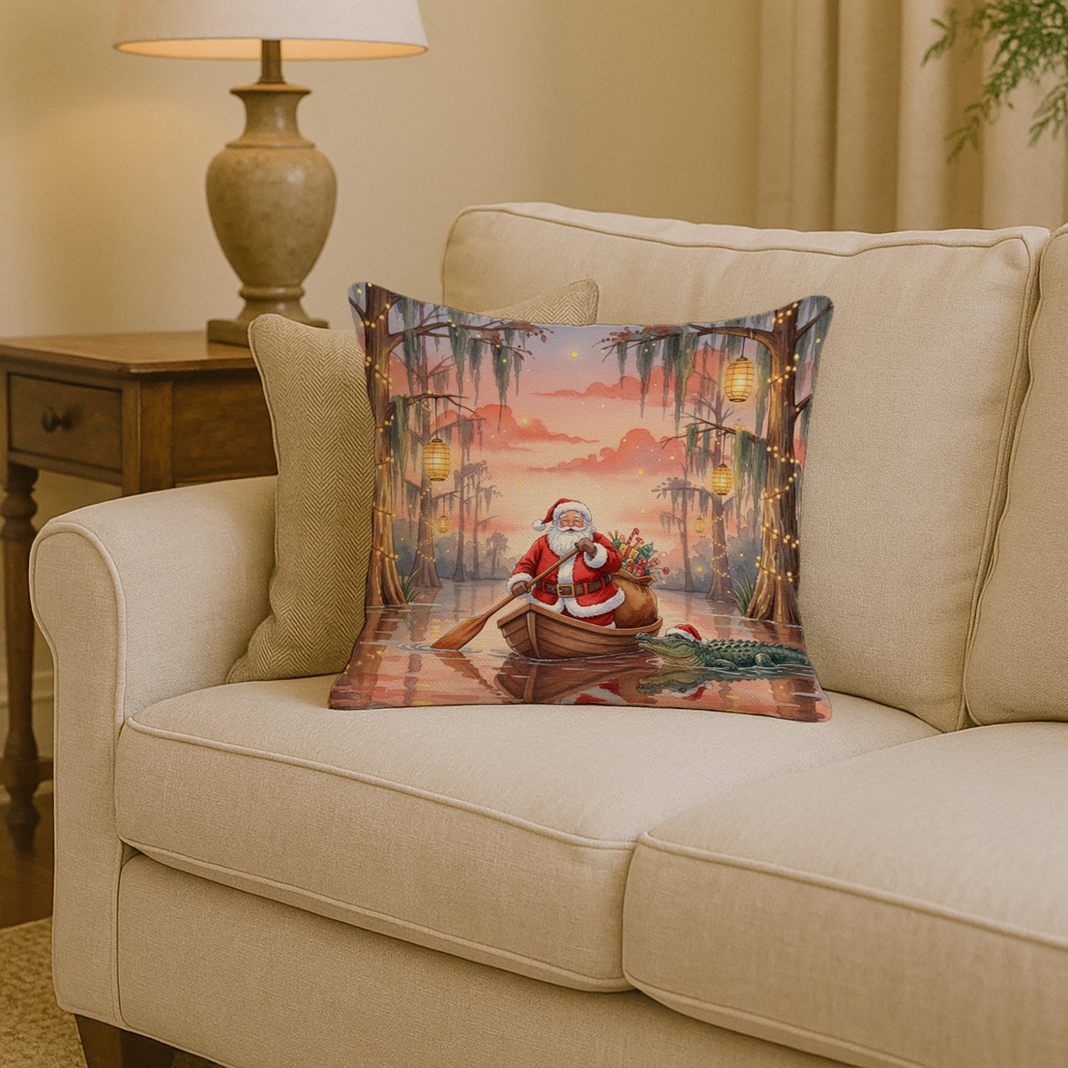 Cajun Santa Claus in the Pirogue Christmas Decorative Throw Pillow 14x14 Indoor Outdoor Accent Cushion, Fabric Cover with Insert for Sofa, Bed, Porch & Living Room