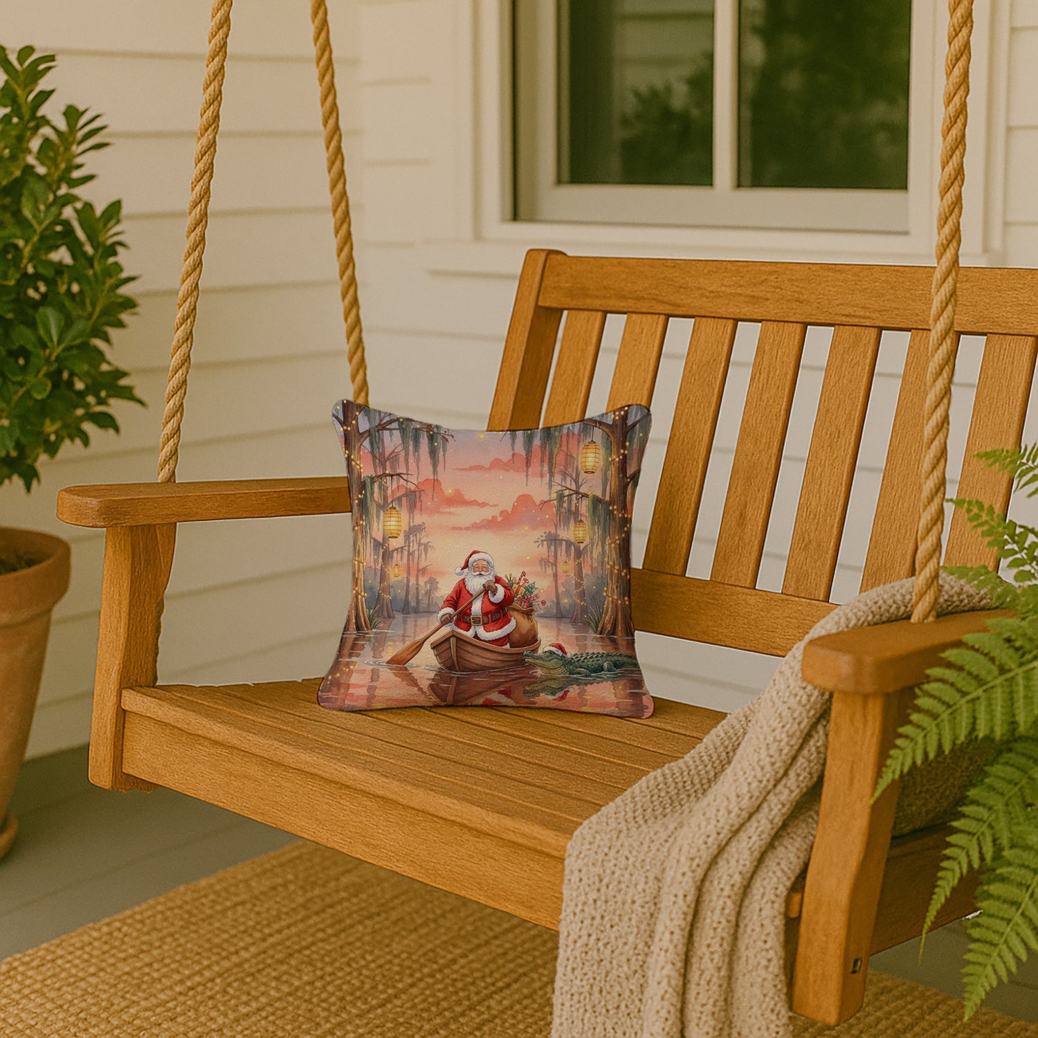 Cajun Santa Claus in the Pirogue Christmas Decorative Throw Pillow 14x14 Indoor Outdoor Accent Cushion, Fabric Cover with Insert for Sofa, Bed, Porch & Living Room