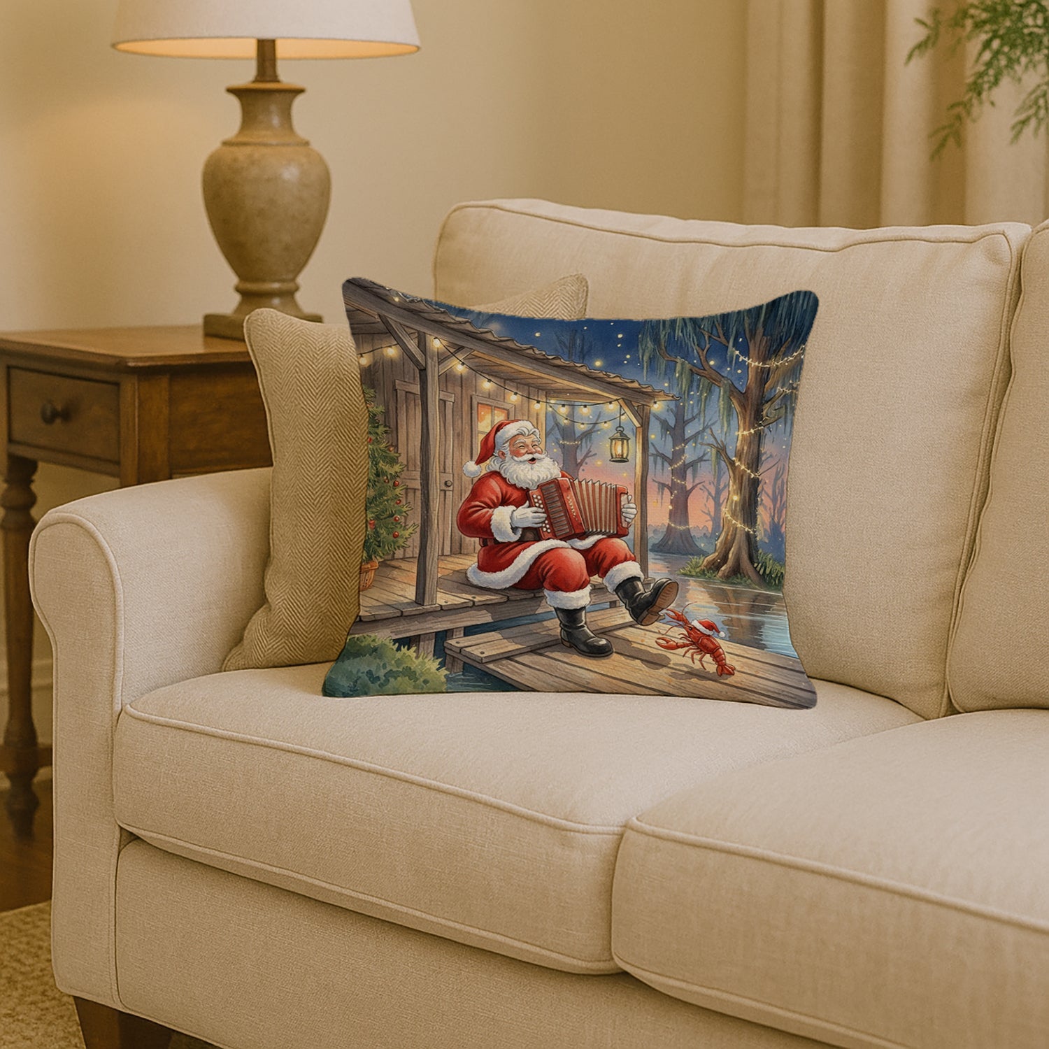 Cajun Santa Claus Playing Zydeco Christmas Decorative Throw Pillow 14x14 Indoor Outdoor Accent Cushion, Fabric Cover with Insert for Sofa, Bed, Porch & Living Room