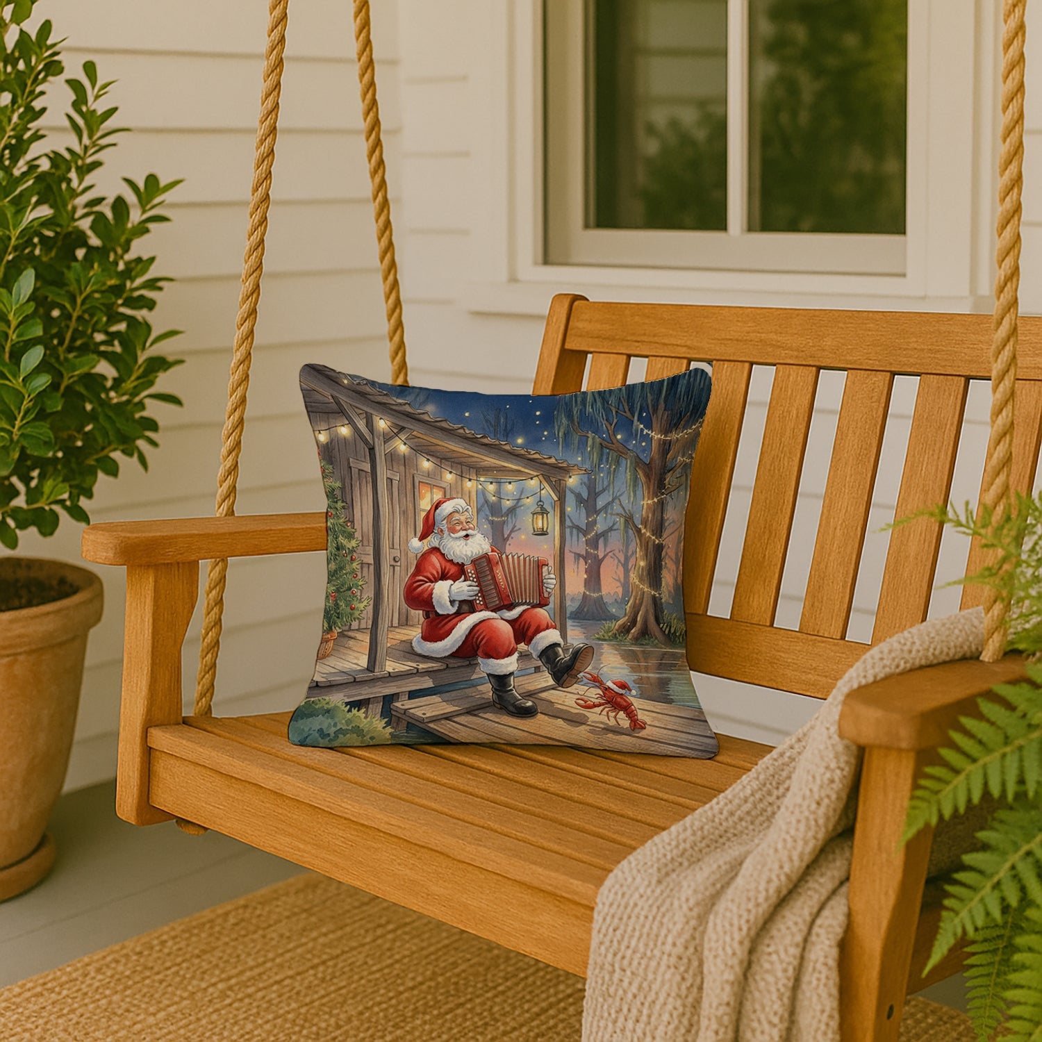 Cajun Santa Claus Playing Zydeco Christmas Decorative Throw Pillow 18x18 Indoor Outdoor Accent Cushion, Fabric Cover with Insert for Sofa, Bed, Porch & Living Room
