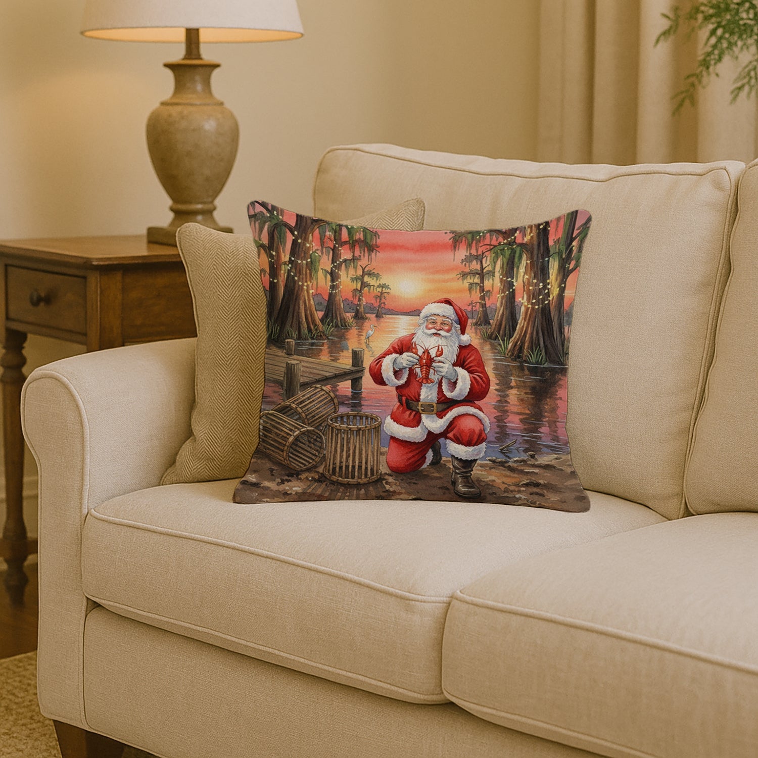 Cajun Santa Claus with Crawfish Christmas Decorative Throw Pillow 14x14 Indoor Outdoor Accent Cushion, Fabric Cover with Insert for Sofa, Bed, Porch & Living Room