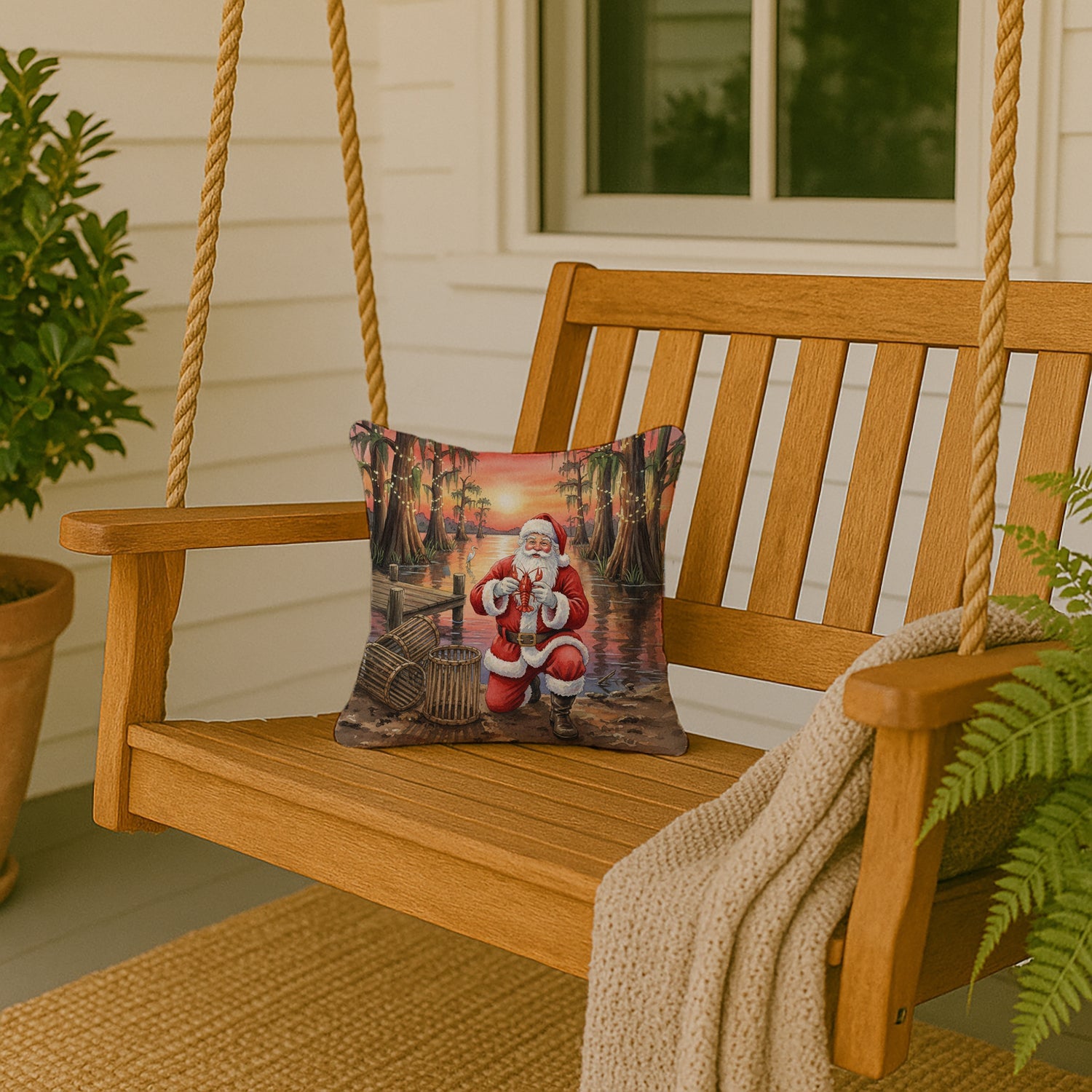 Cajun Santa Claus with Crawfish Christmas Decorative Throw Pillow 14x14 Indoor Outdoor Accent Cushion, Fabric Cover with Insert for Sofa, Bed, Porch & Living Room