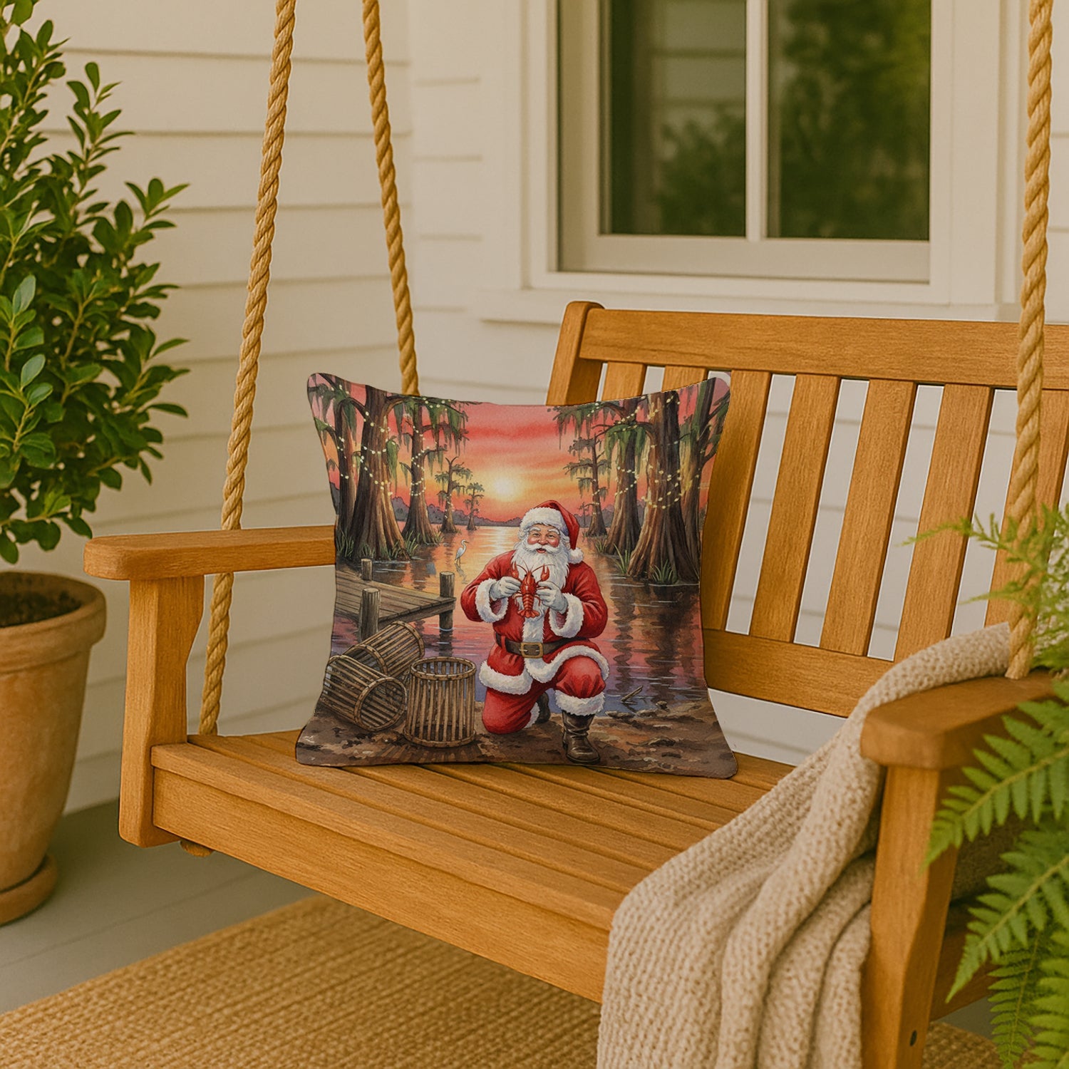 Cajun Santa Claus with Crawfish Christmas Decorative Throw Pillow 18x18 Indoor Outdoor Accent Cushion, Fabric Cover with Insert for Sofa, Bed, Porch & Living Room