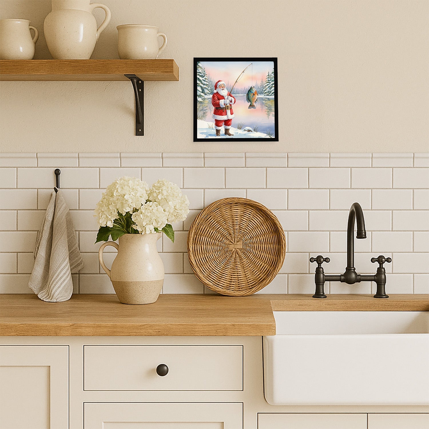 Fishing Santa Claus with Bluegill Christmas Framed Metal Print Bathroom, Kitchen, Office, Home Decor Wall Art Ready to Hang, Square, 8X8