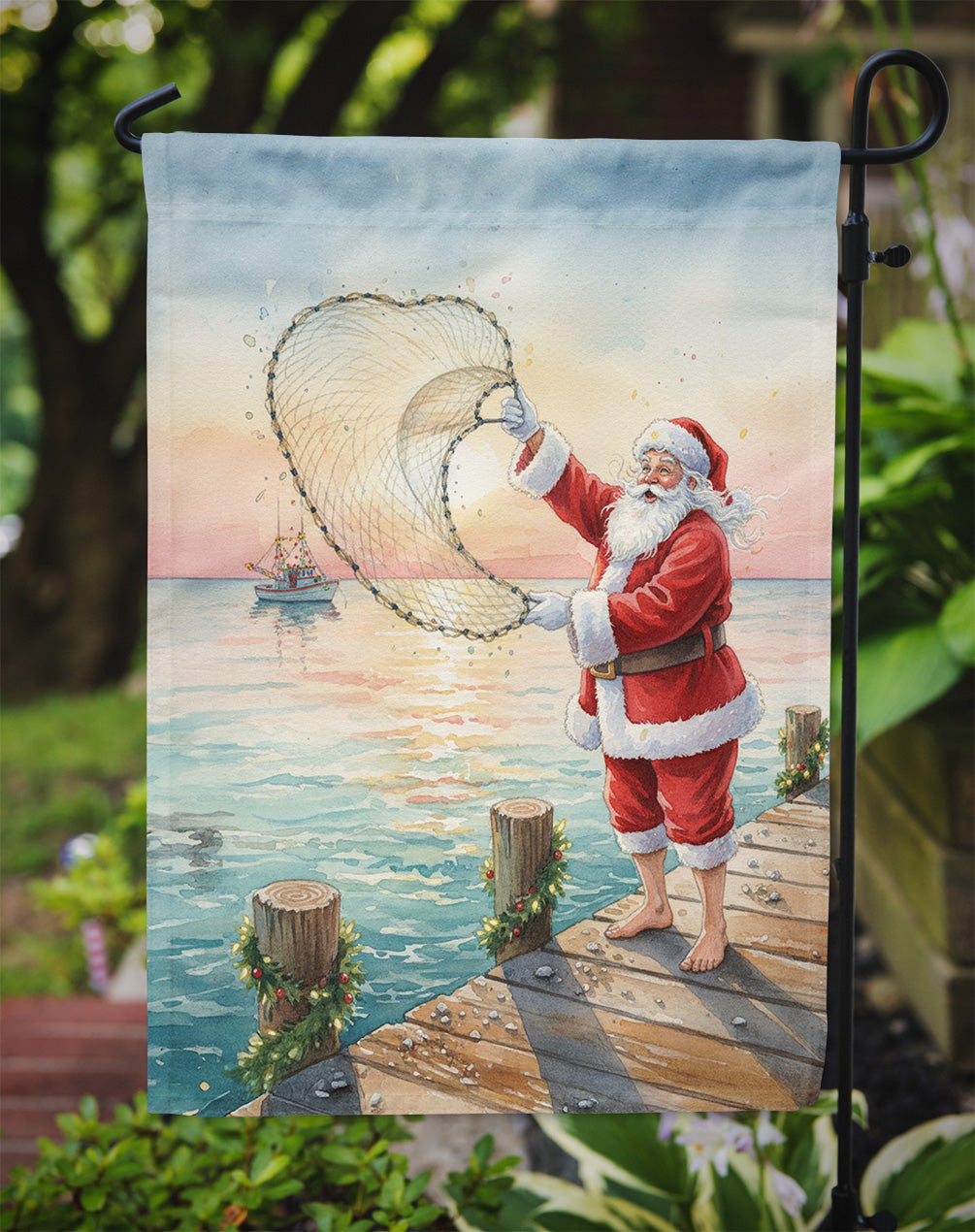 Fishing Santa Claus with Castnet Christmas Garden Flag Mailbox Decorative Yard Banner Outside Patio Artwork for Flower Beds, Garden Size, Multicolor