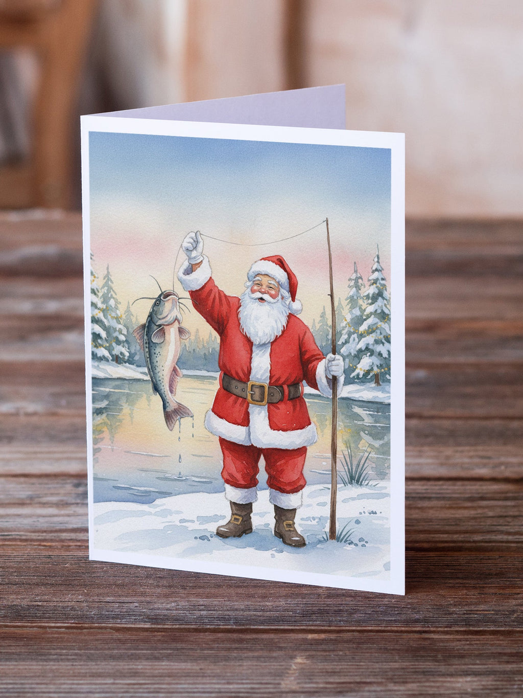 Fishing Santa Claus with Catfish Christmas Greeting Cards Pack of 8 Blank Cards with Envelopes Whimsical A7 Size 5x7