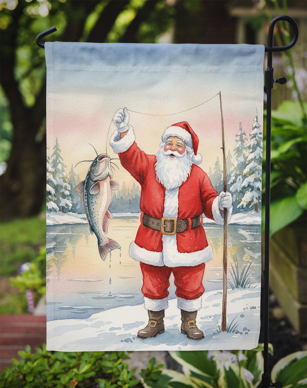 Fishing Santa Claus with Catfish Christmas Garden Flag Mailbox Decorative Yard Banner Outside Patio Artwork for Flower Beds, Garden Size, Multicolor