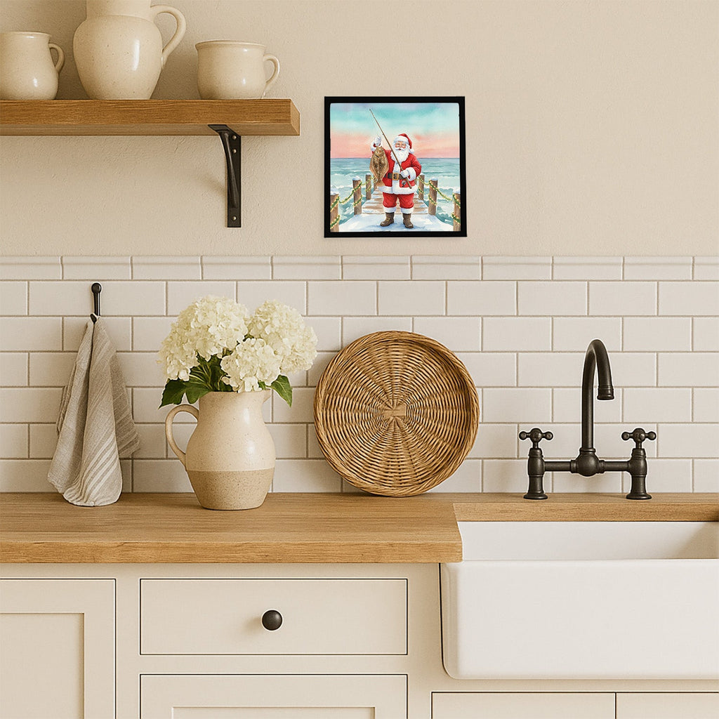 Fishing Santa Claus with Flounder Christmas Framed Metal Print Bathroom, Kitchen, Office, Home Decor Wall Art Ready to Hang, Square, 8X8