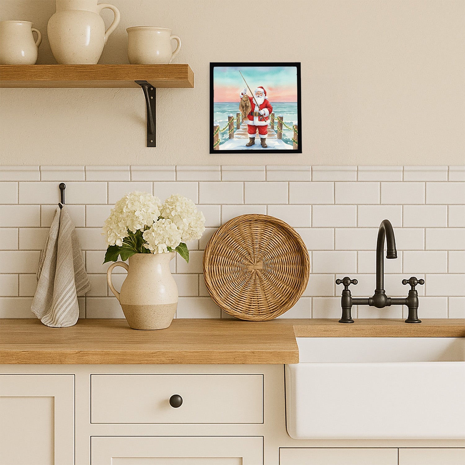 Fishing Santa Claus with Flounder Christmas Framed Metal Print Bathroom, Kitchen, Office, Home Decor Wall Art Ready to Hang, Square, 8X8