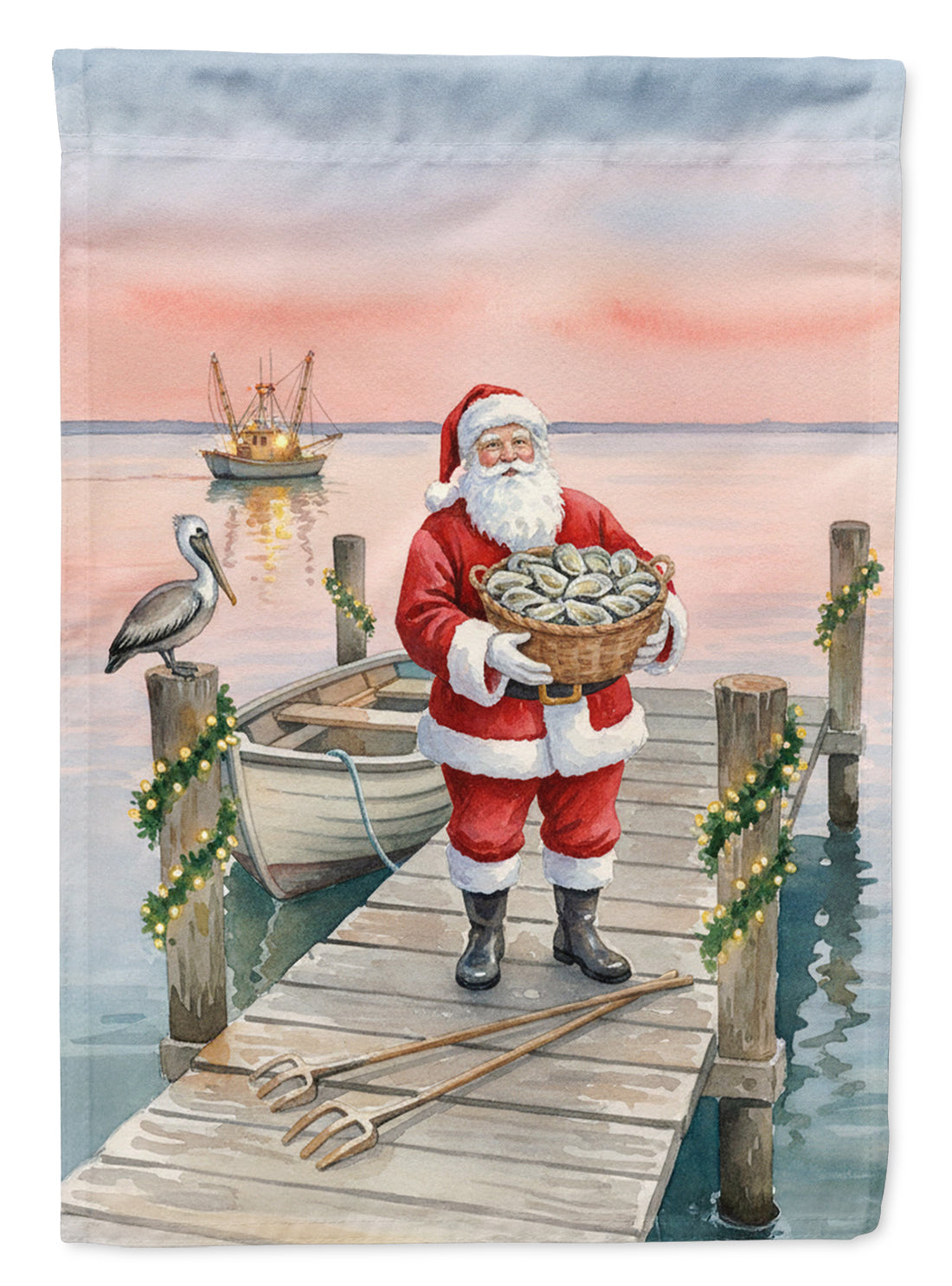 Fishing Santa Claus with Oysters Christmas House Flag 28x40 Porch Sleeve Pole Decorative Outside Yard Banner Artwork Wall Hanging, Polyester