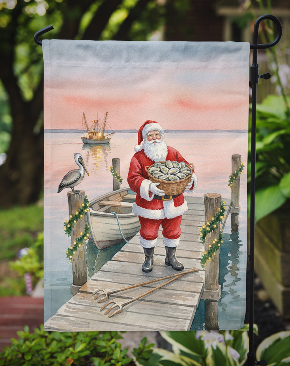 Fishing Santa Claus with Oysters Christmas Garden Flag Mailbox Decorative Yard Banner Outside Patio Artwork for Flower Beds, Garden Size, Multicolor