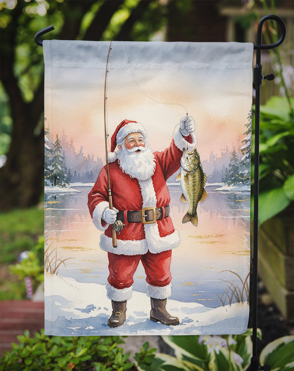 Fishing Santa Claus with Smallmouth Bass Christmas Garden Flag Mailbox Decorative Yard Banner Outside Patio Artwork for Flower Beds, Garden Size, Multicolor