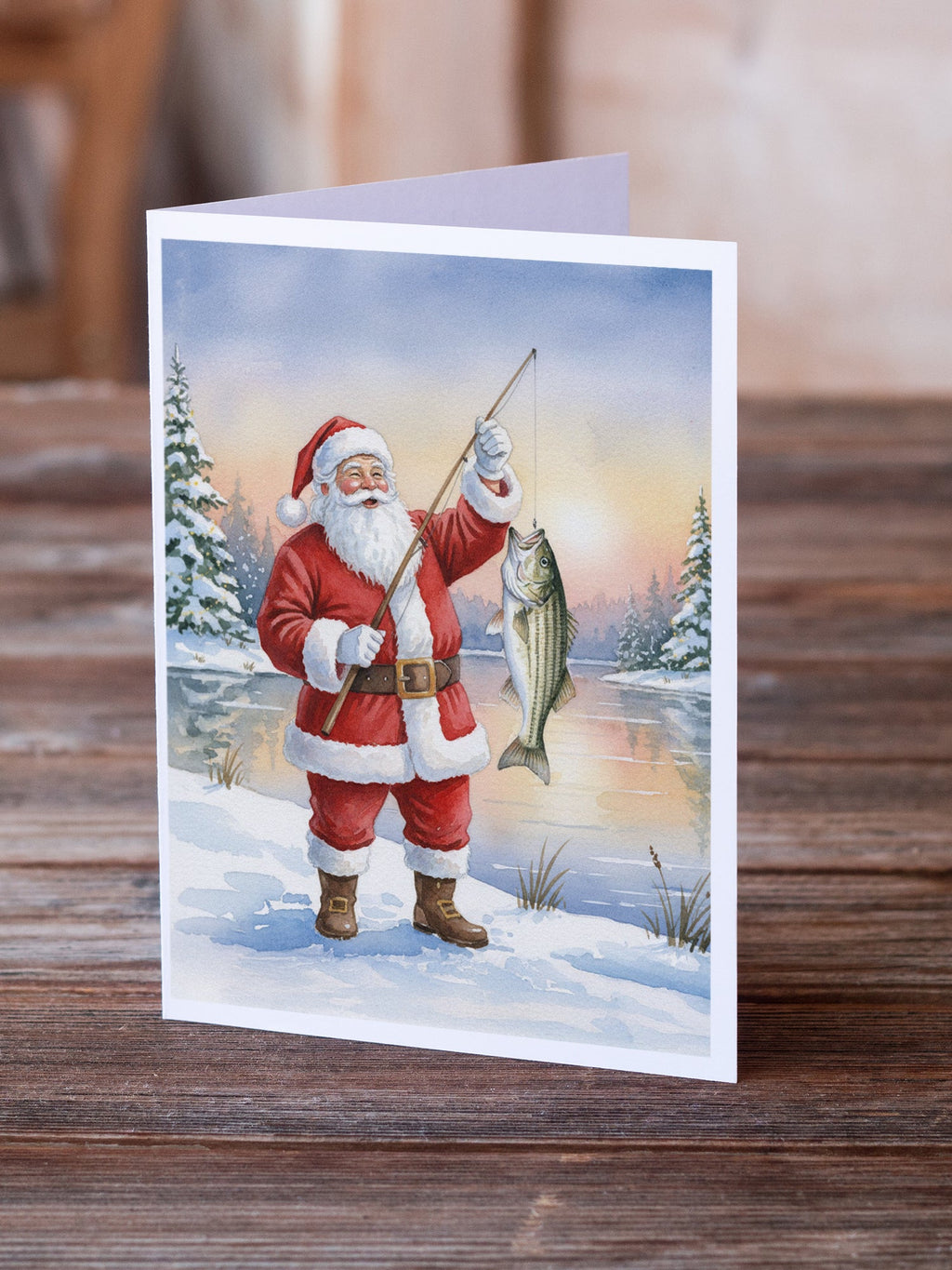 Fishing Santa Claus with Striped Bass Christmas Greeting Cards Pack of 8 Blank Cards with Envelopes Whimsical A7 Size 5x7