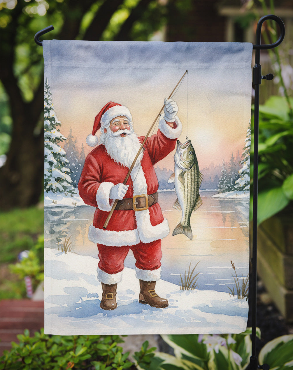 Fishing Santa Claus with Striped Bass Christmas Garden Flag Mailbox Decorative Yard Banner Outside Patio Artwork for Flower Beds, Garden Size, Multicolor