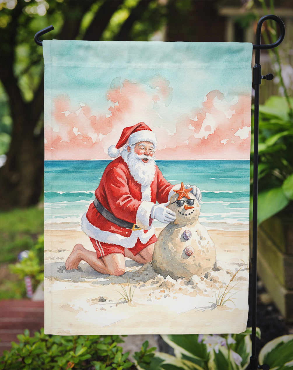 Santa Claus Building a Sand Snowman Christmas Garden Flag Mailbox Decorative Yard Banner Outside Patio Artwork for Flower Beds, Garden Size, Multicolor