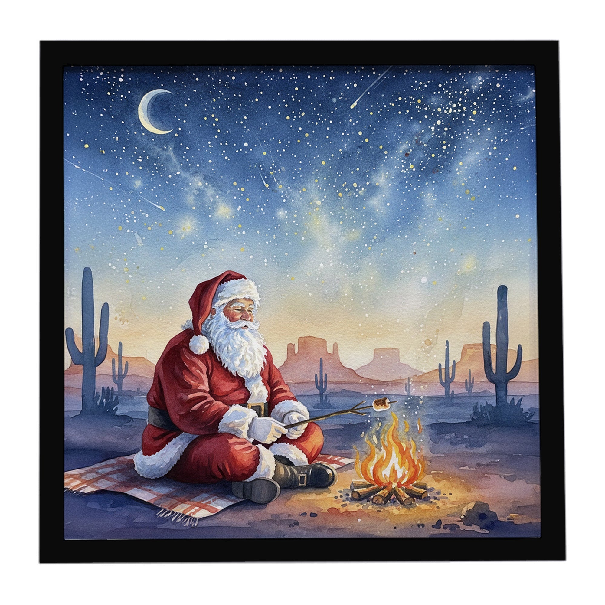 Santa Claus by the Campfire Christmas Framed Metal Print Bathroom, Kitchen, Office, Home Decor Wall Art Ready to Hang, Square, 8X8