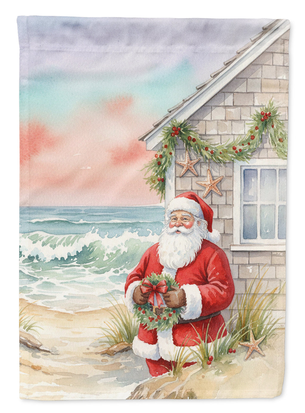Santa Claus by the Seaside Cottage Christmas Garden Flag Mailbox Decorative Yard Banner Outside Patio Artwork for Flower Beds, Garden Size, Multicolor