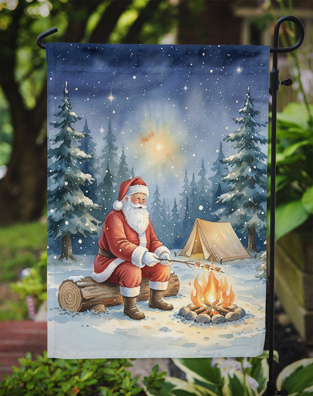 Santa Claus Camping by the Fire Christmas Garden Flag Mailbox Decorative Yard Banner Outside Patio Artwork for Flower Beds, Garden Size, Multicolor