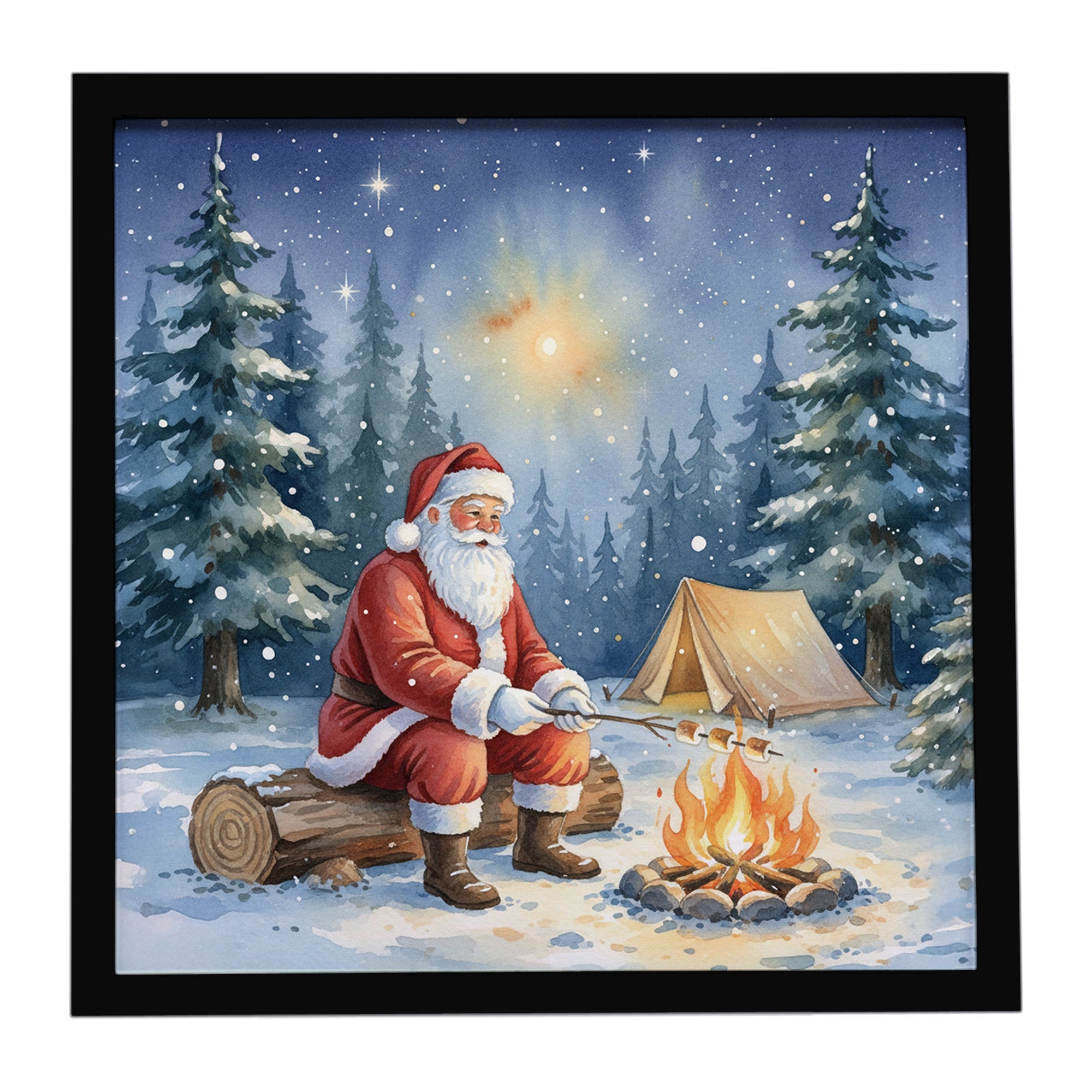 Santa Claus Camping by the Fire Christmas Framed Metal Print Bathroom, Kitchen, Office, Home Decor Wall Art Ready to Hang, Square, 8X8