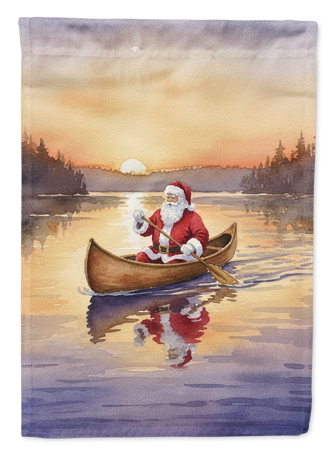 Santa Claus Canoeing at Sunset Christmas House Flag 28x40 Porch Sleeve Pole Decorative Outside Yard Banner Artwork Wall Hanging, Polyester