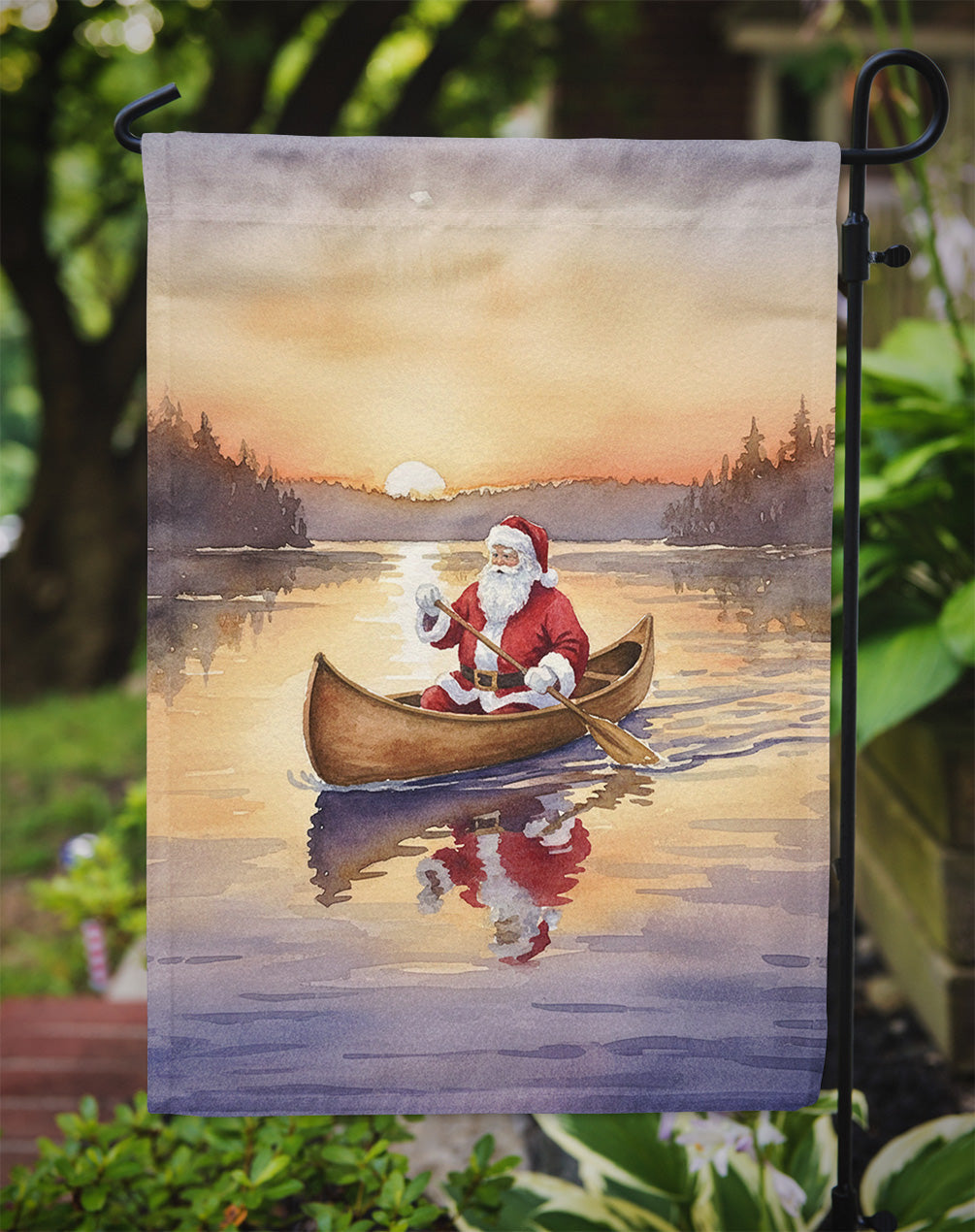 Santa Claus Canoeing at Sunset Christmas Garden Flag Mailbox Decorative Yard Banner Outside Patio Artwork for Flower Beds, Garden Size, Multicolor