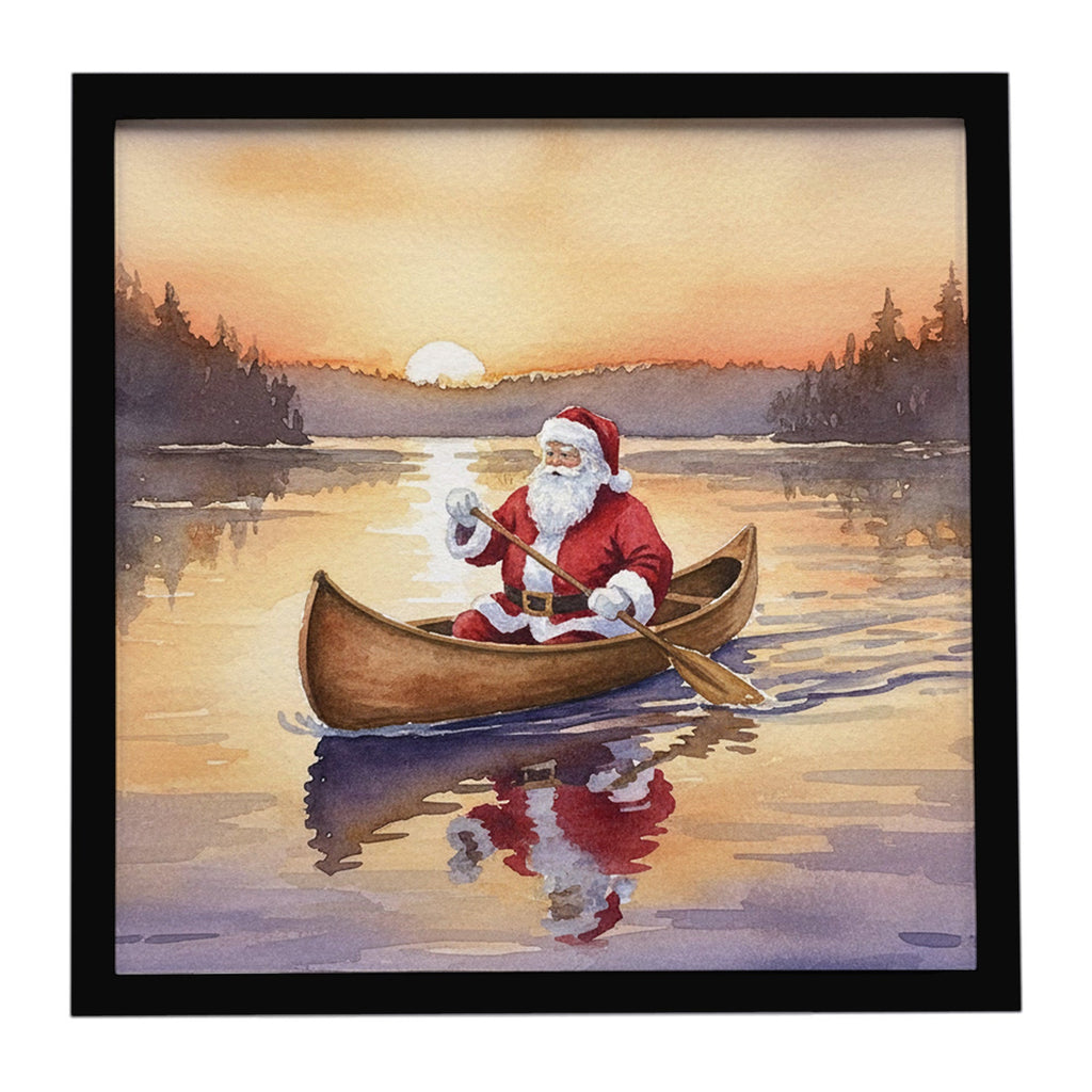 Santa Claus Canoeing at Sunset Christmas Framed Metal Print Bathroom, Kitchen, Office, Home Decor Wall Art Ready to Hang, Square, 8X8