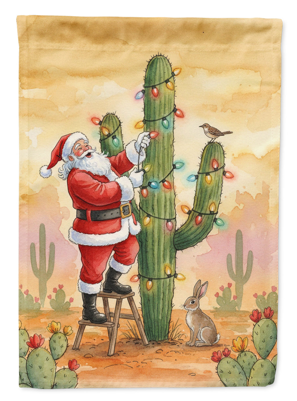 Santa Claus Decorating a Cactus Christmas Garden Flag Mailbox Decorative Yard Banner Outside Patio Artwork for Flower Beds, Garden Size, Multicolor