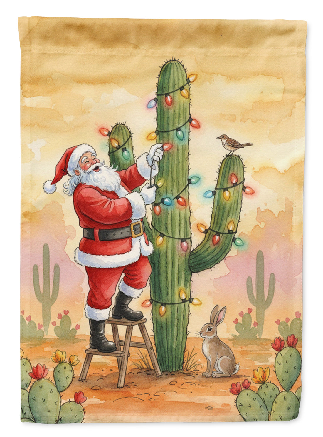Santa Claus Decorating a Cactus Christmas Garden Flag Mailbox Decorative Yard Banner Outside Patio Artwork for Flower Beds, Garden Size, Multicolor