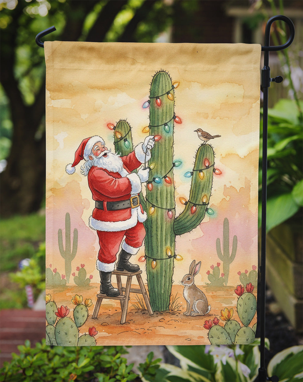Santa Claus Decorating a Cactus Christmas Garden Flag Mailbox Decorative Yard Banner Outside Patio Artwork for Flower Beds, Garden Size, Multicolor