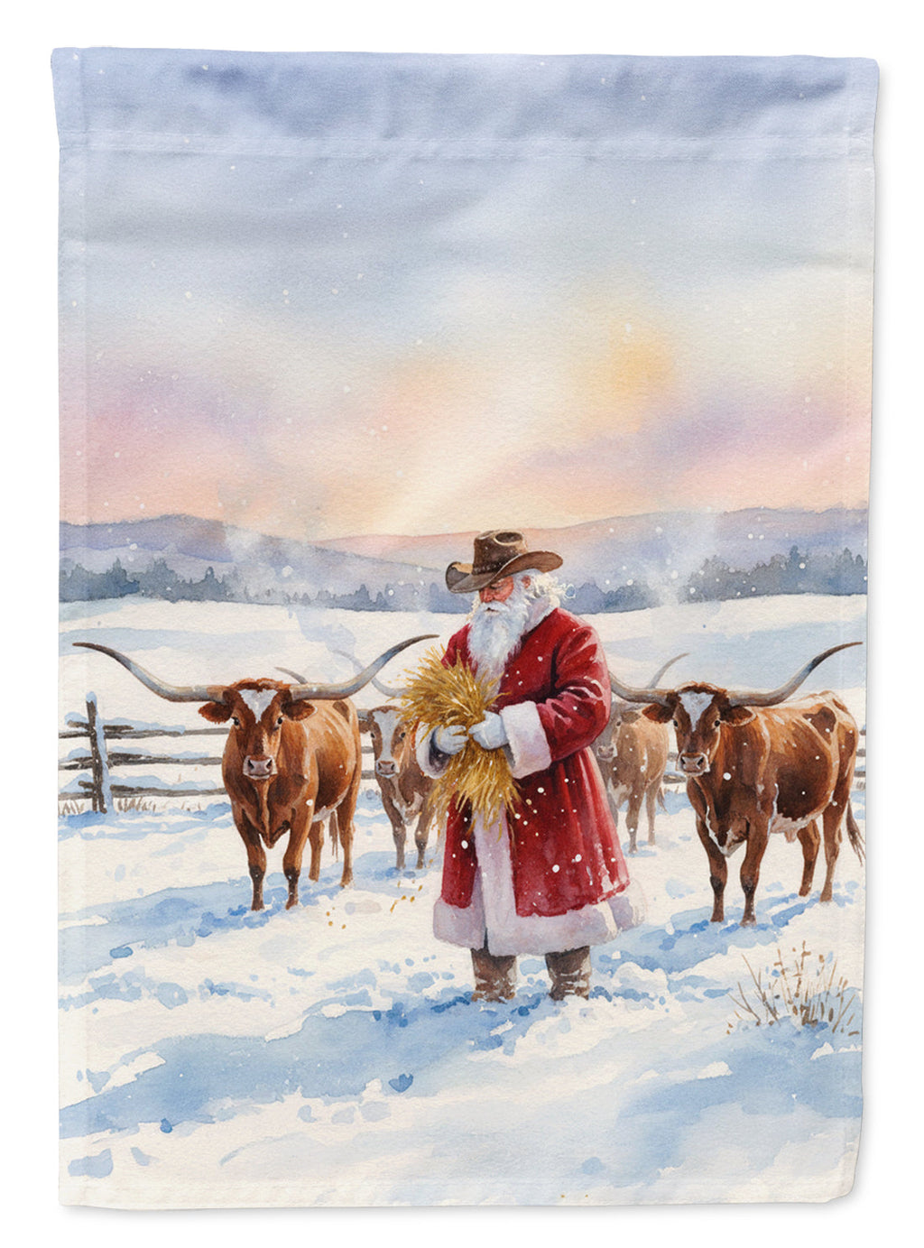 Santa Claus Feeding the Longhorns Christmas Garden Flag Mailbox Decorative Yard Banner Outside Patio Artwork for Flower Beds, Garden Size, Multicolor