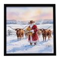 Santa Claus Feeding the Longhorns Christmas Framed Metal Print Bathroom, Kitchen, Office, Home Decor Wall Art Ready to Hang, Square, 8X8
