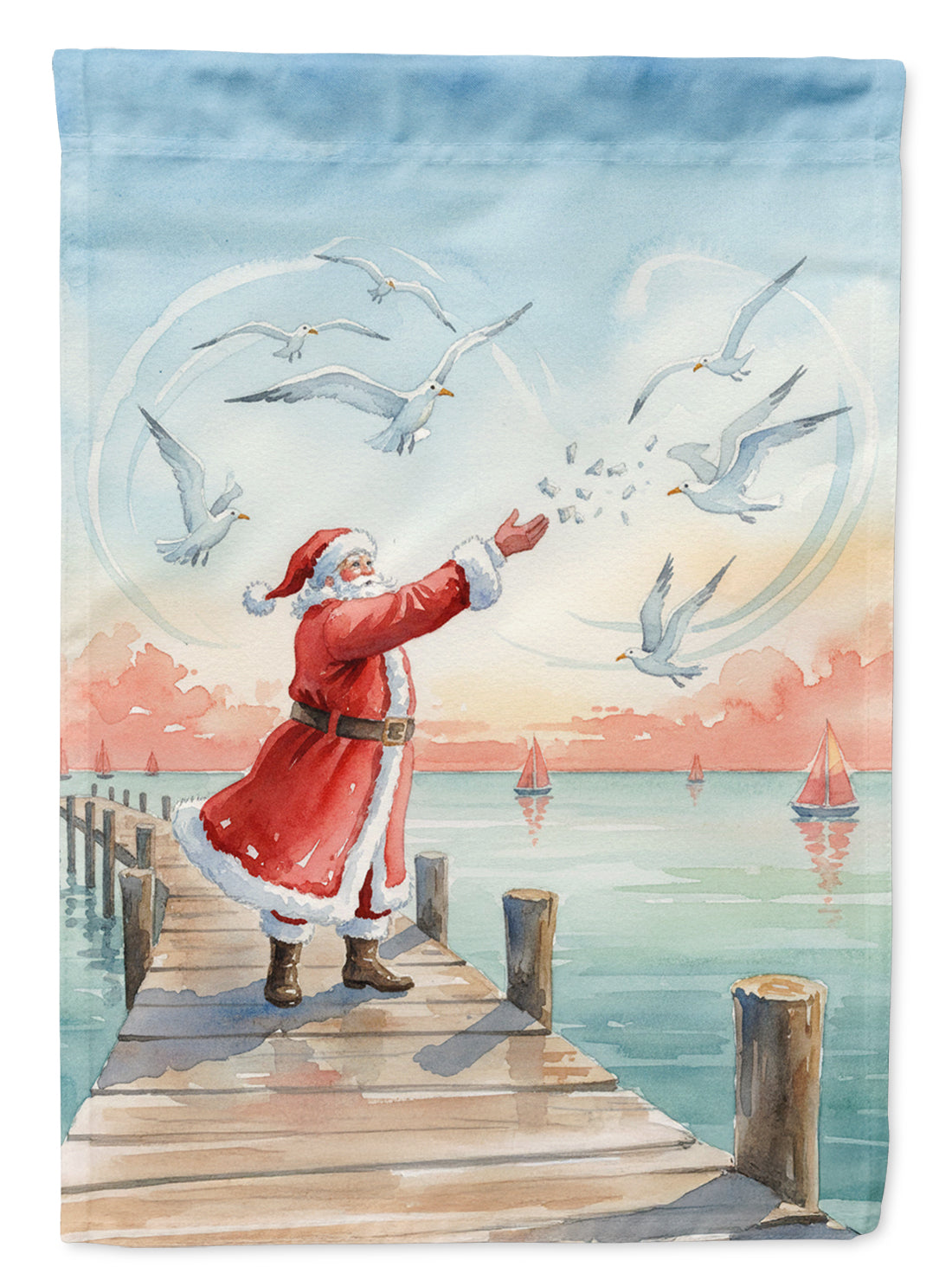Santa Claus Feeding the Seagulls Christmas House Flag 28x40 Porch Sleeve Pole Decorative Outside Yard Banner Artwork Wall Hanging, Polyester