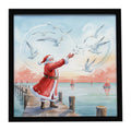 Santa Claus Feeding the Seagulls Christmas Framed Metal Print Bathroom, Kitchen, Office, Home Decor Wall Art Ready to Hang, Square, 8X8