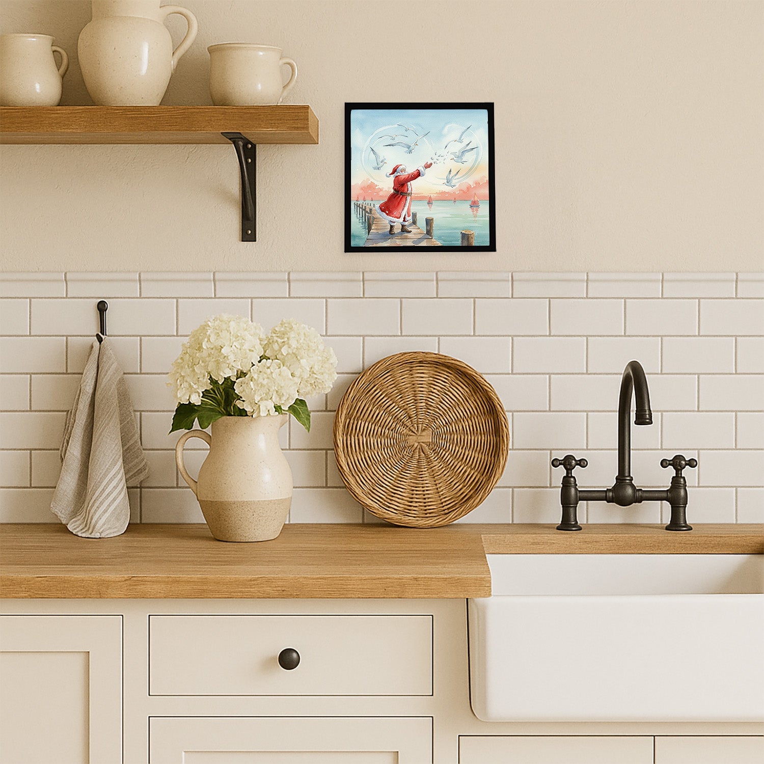 Santa Claus Feeding the Seagulls Christmas Framed Metal Print Bathroom, Kitchen, Office, Home Decor Wall Art Ready to Hang, Square, 8X8